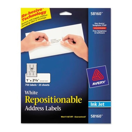 Avery Avery Repositionable Address Labels for Inkjet Printers, 1 x 2 5/8, White, 750/Box 58160
